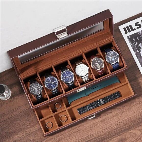 Lolalet Watch Box for Men 6 Slot Display Case Drawer Storage Organizer Glass - Picture 2 of 7